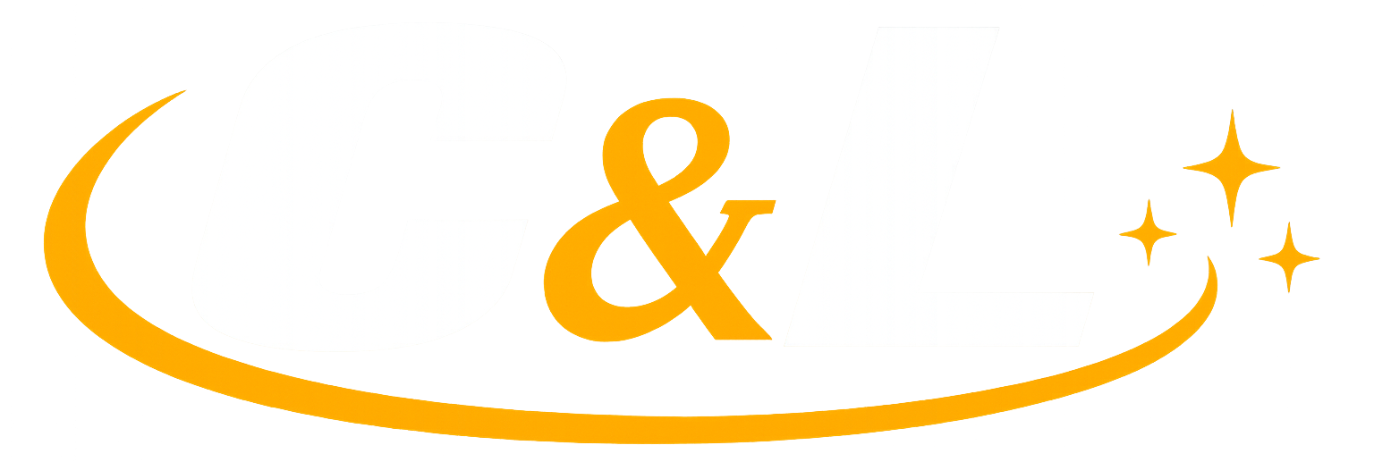 Orange ampersand with a swoosh and sparkles on a white background