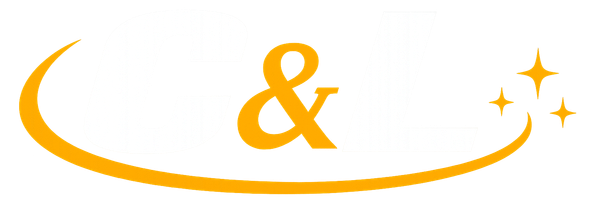 Orange ampersand with a swoosh and sparkles on a white background
