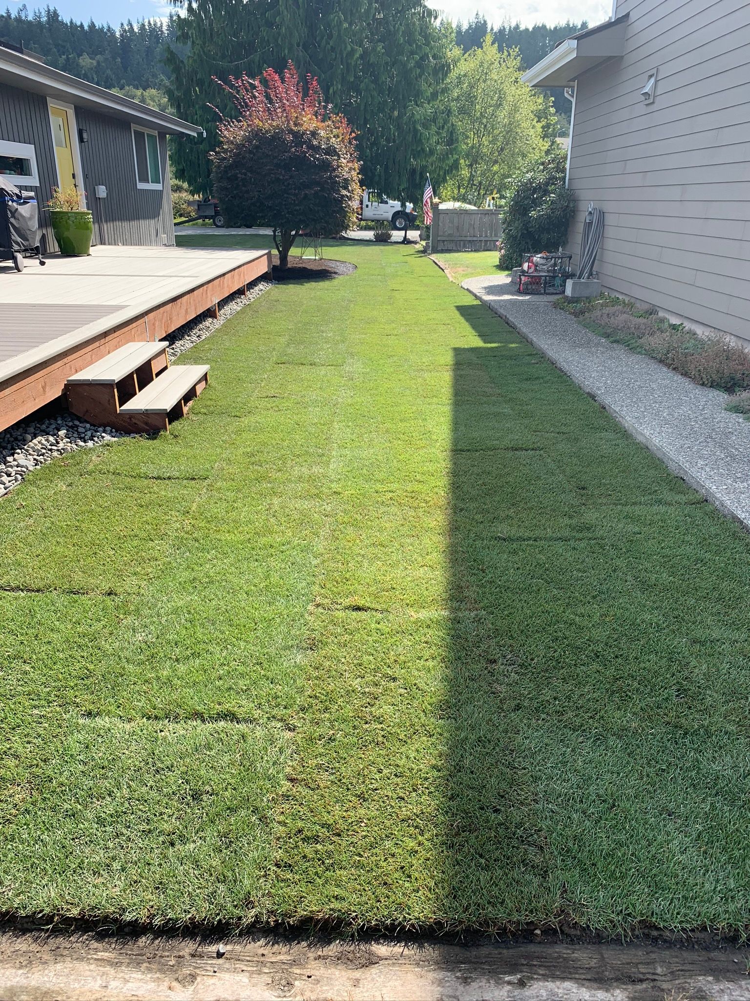 Green lawn between two houses, one with a deck, sunny day.