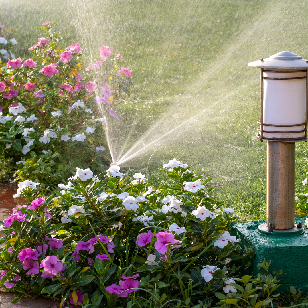 Sprinkler watering flowers in a garden, with a decorative lamp in the foreground.