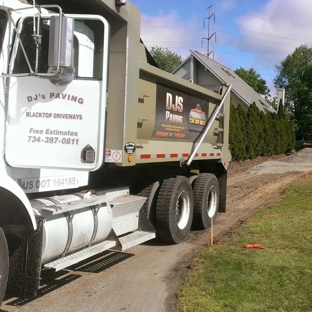 DJs Paving truck at an asphalt job site in Canton, Michigan.