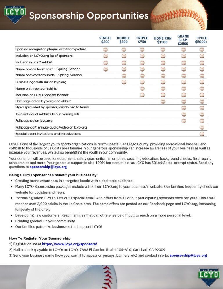 Baseball sponsorship opportunities flyer with rates and benefits table on white background