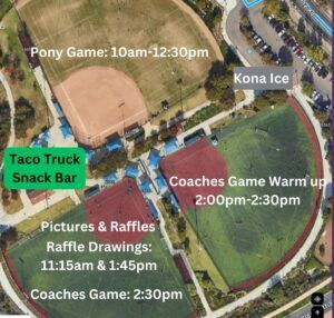 Annotated aerial view of a baseball complex with event times, food trucks, raffles, pony games, and warmups.