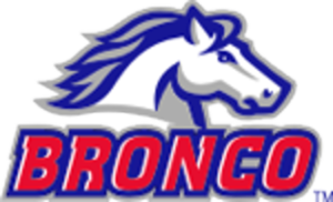 White horse logo above bold red-and-blue “BRONCO” text