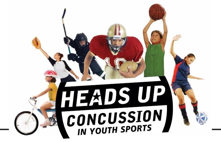 Heads Up Concussion in Youth Sports poster with athletes in action around bold black-and-white text