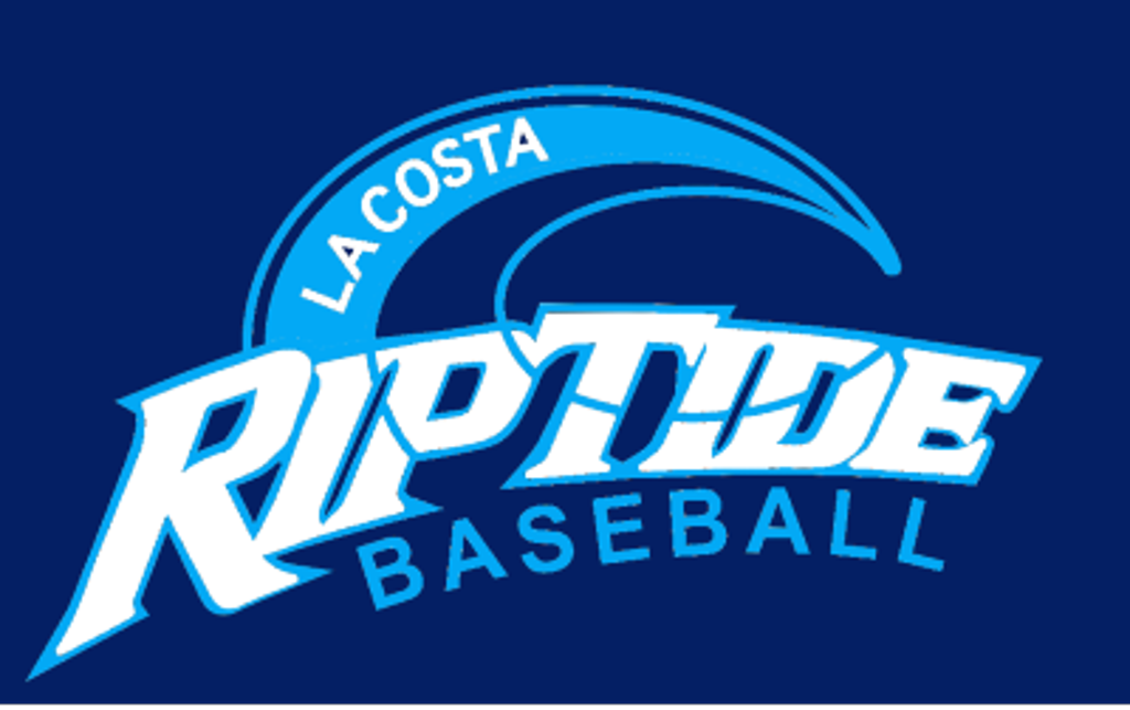 La costa Riptide Baseball logo in white and blue with a wave graphic on a dark background
