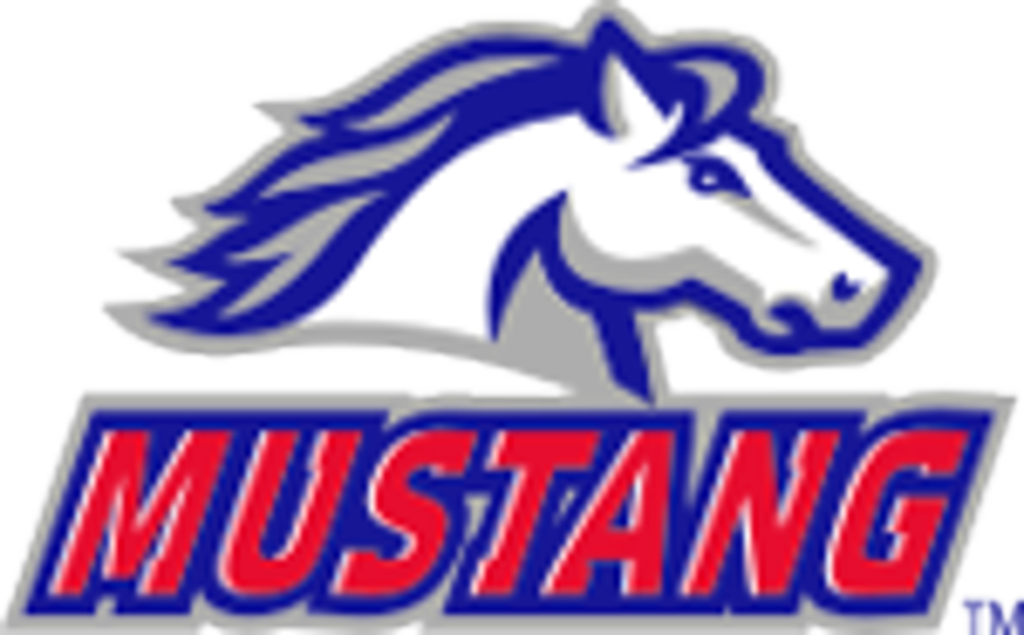 Blue horse head above red “Mustang” text logo