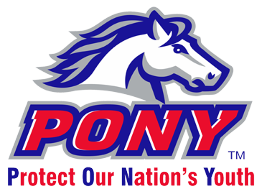 PONY logo with white horse head and blue-red text, “Protect Our Nation’s Youth” slogan