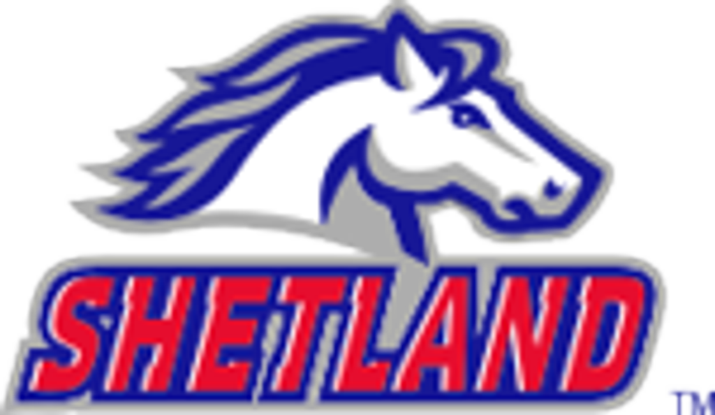 Blue horse head logo above red “SHETLAND” text on a white background