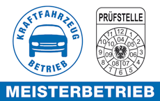 A blue and white logo with a car and the words kraftfahrzeug betrieb meisterbetrieb