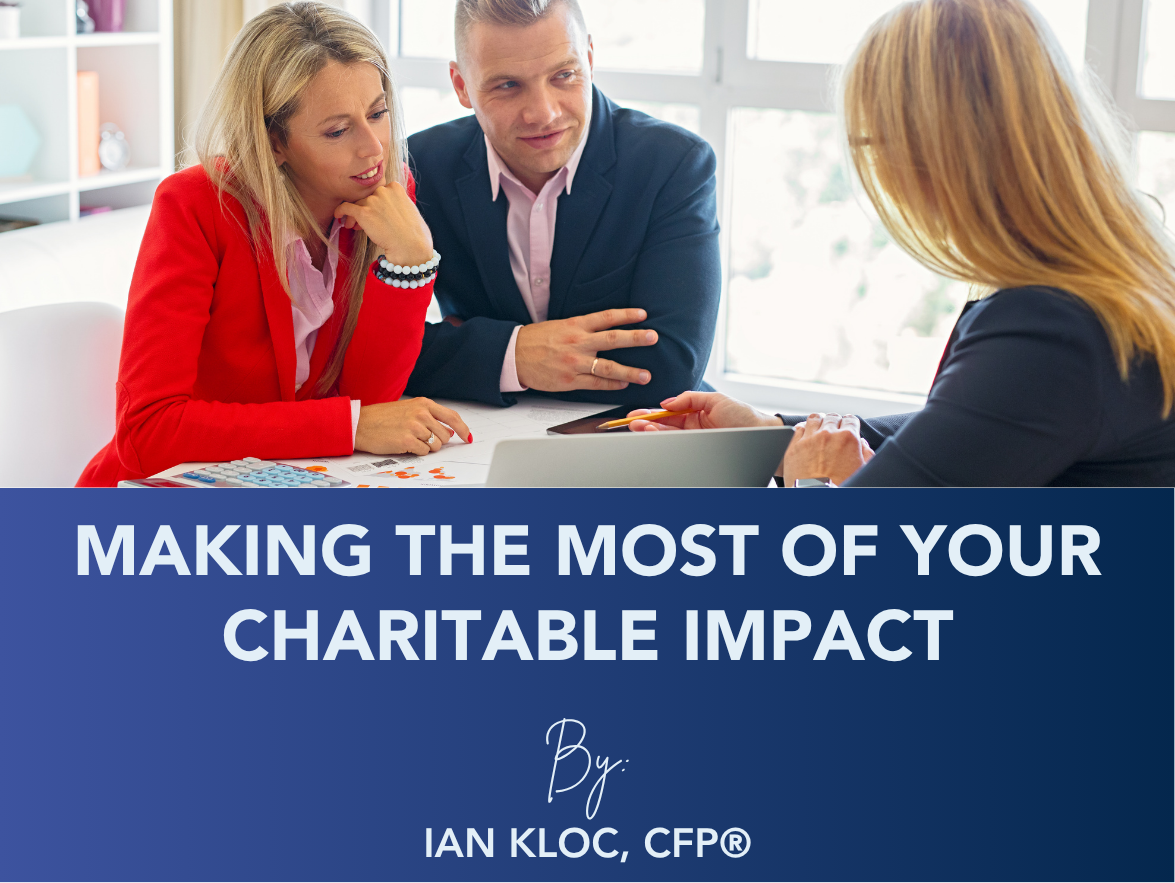 Three people in a meeting discussing charitable impact, with the title “Making the Most of Your Charitable Impact”