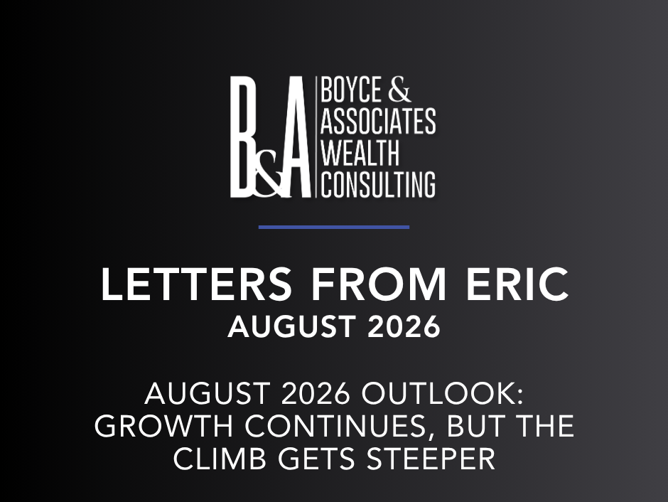 Black title slide for Boyce & Associates Wealth Consulting: “Letters from Eric,” August 2026 outlook.