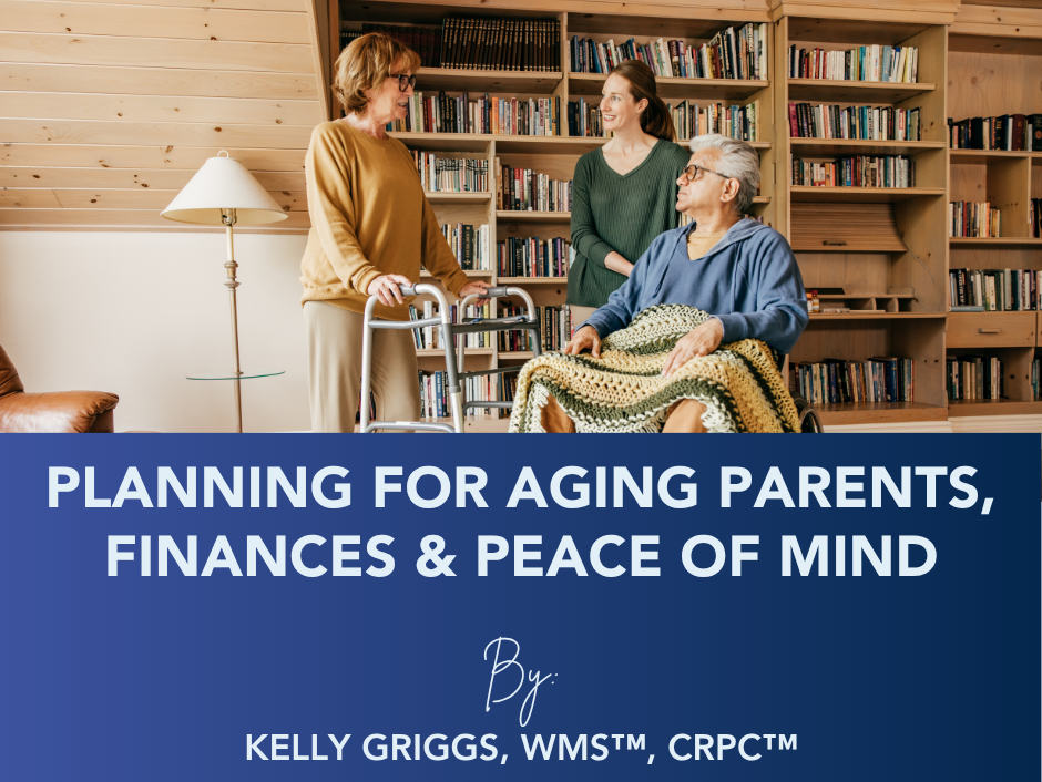 Three people in a living room discuss aging parents, finances, and peace of mind.