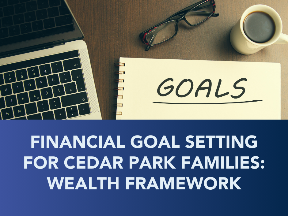 Desk with laptop, glasses and coffee beside a notepad labeled “GOALS,” overlaid with financial goal setting text.