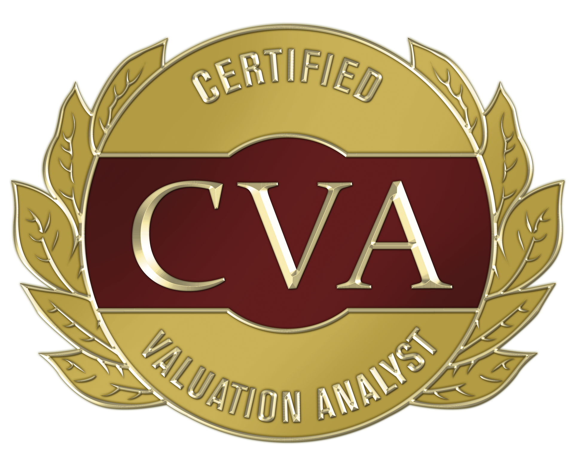 Gold and burgundy Certified Valuation Analyst (CVA) emblem, with laurel wreath border.