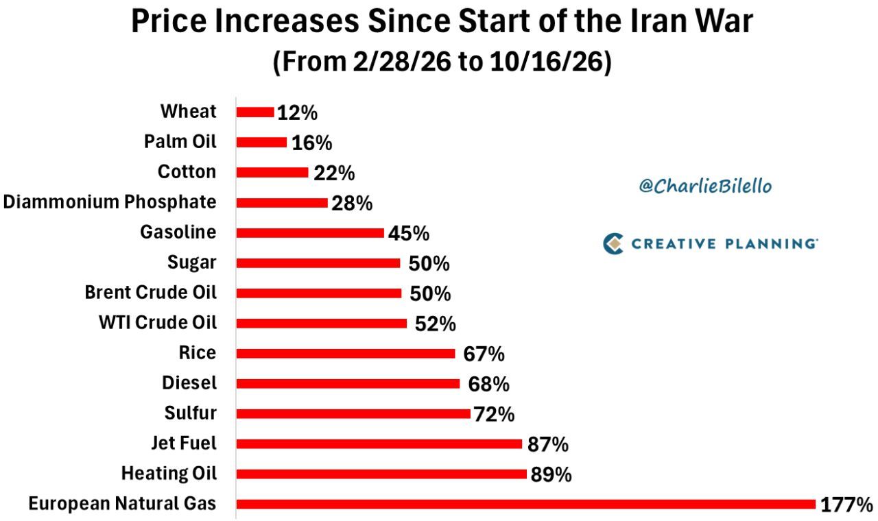 Price increases for fourteen commodities since the start of the Iran war, from wheat at 12% to European natural gas at 177%