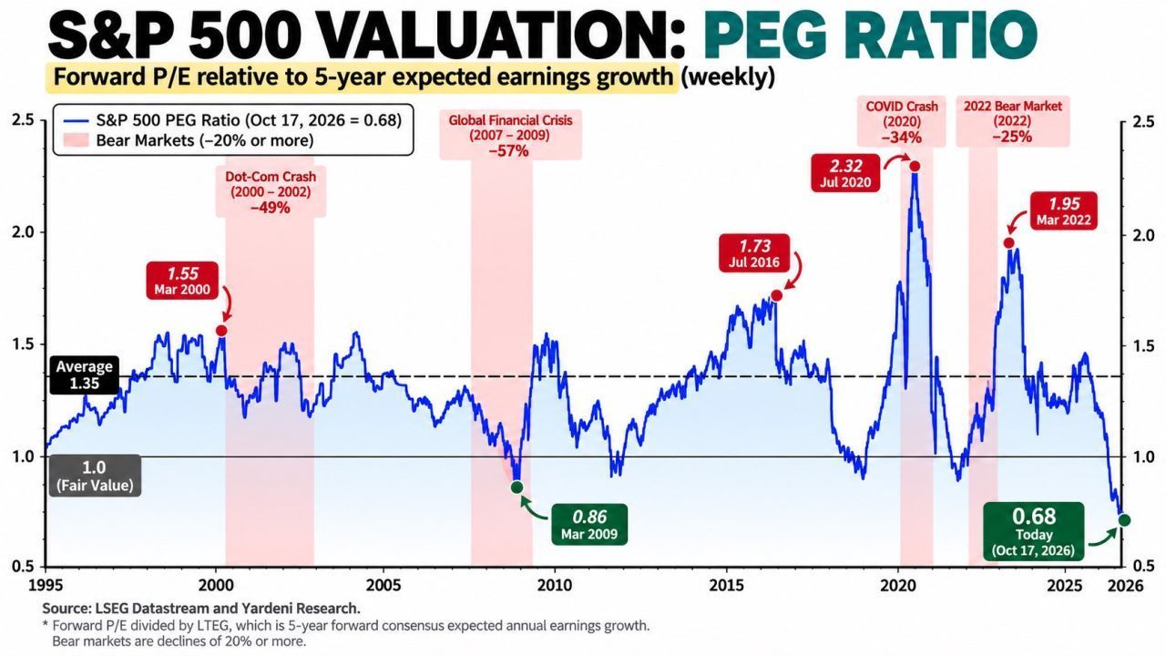S&P 500 PEG ratio, forward P/E relative to five-year expected earnings growth, weekly, 1995 to 2026, with bear markets shaded