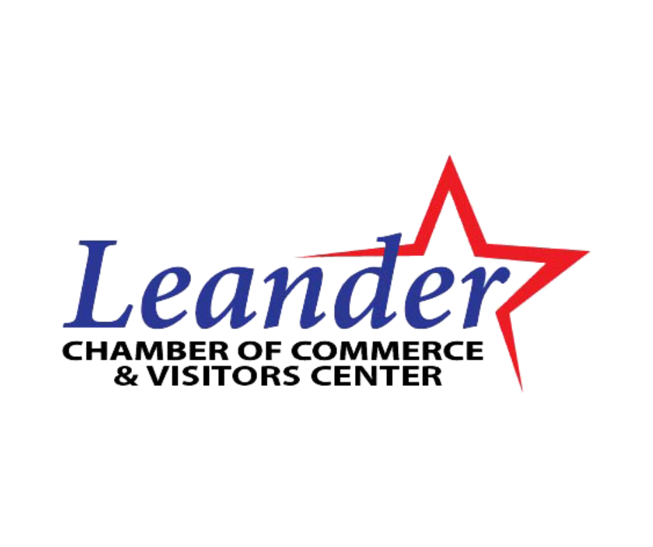 Logo of the Leander Chamber of Commerce & Visitors Center: blue text with a red star graphic.