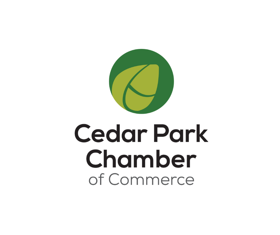 Logo of Cedar Park Chamber of Commerce: green circle with leaf design over black text.