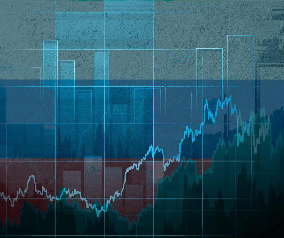 Financial graph overlayed on the Russian flag, depicting stock market fluctuations.