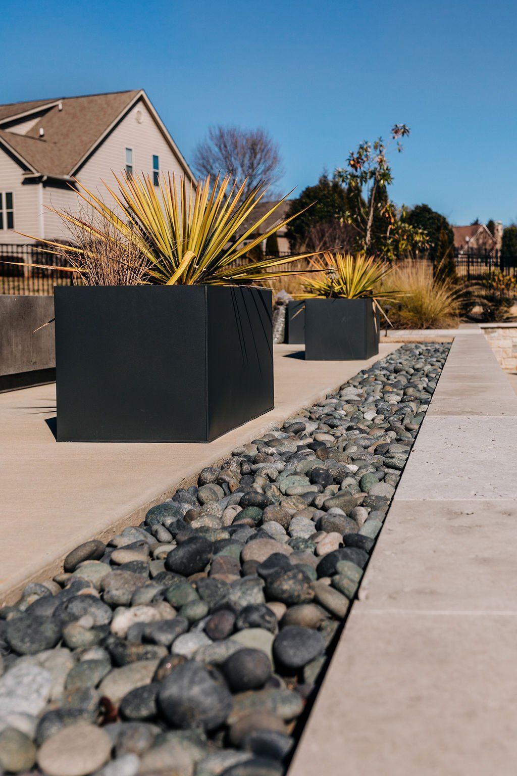 Modern landscaped walkway with black planters, ornamental grasses, and a rock-filled border beside a paved path