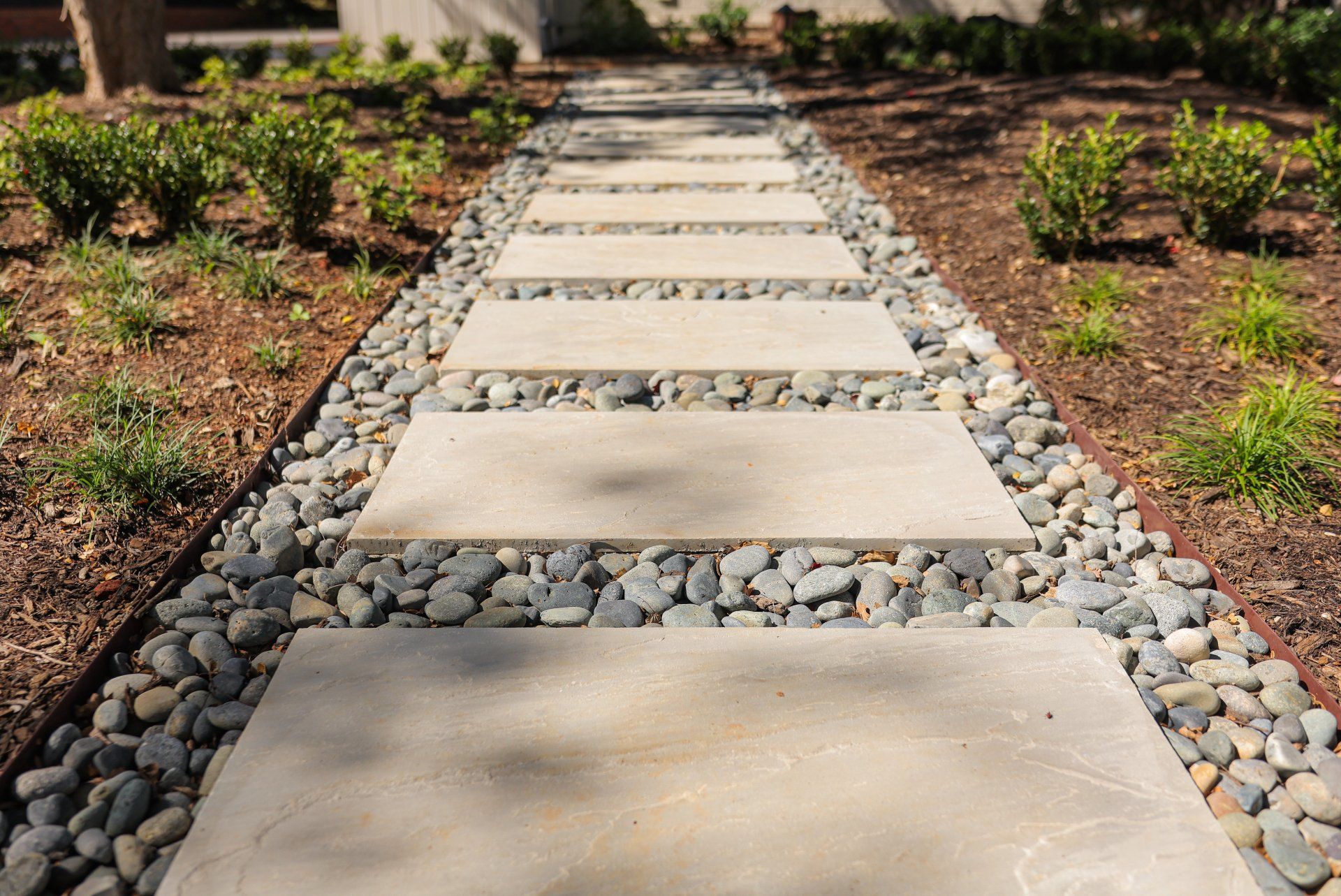 Stepping-stone walkway through a landscaped garden with gravel and low shrubs