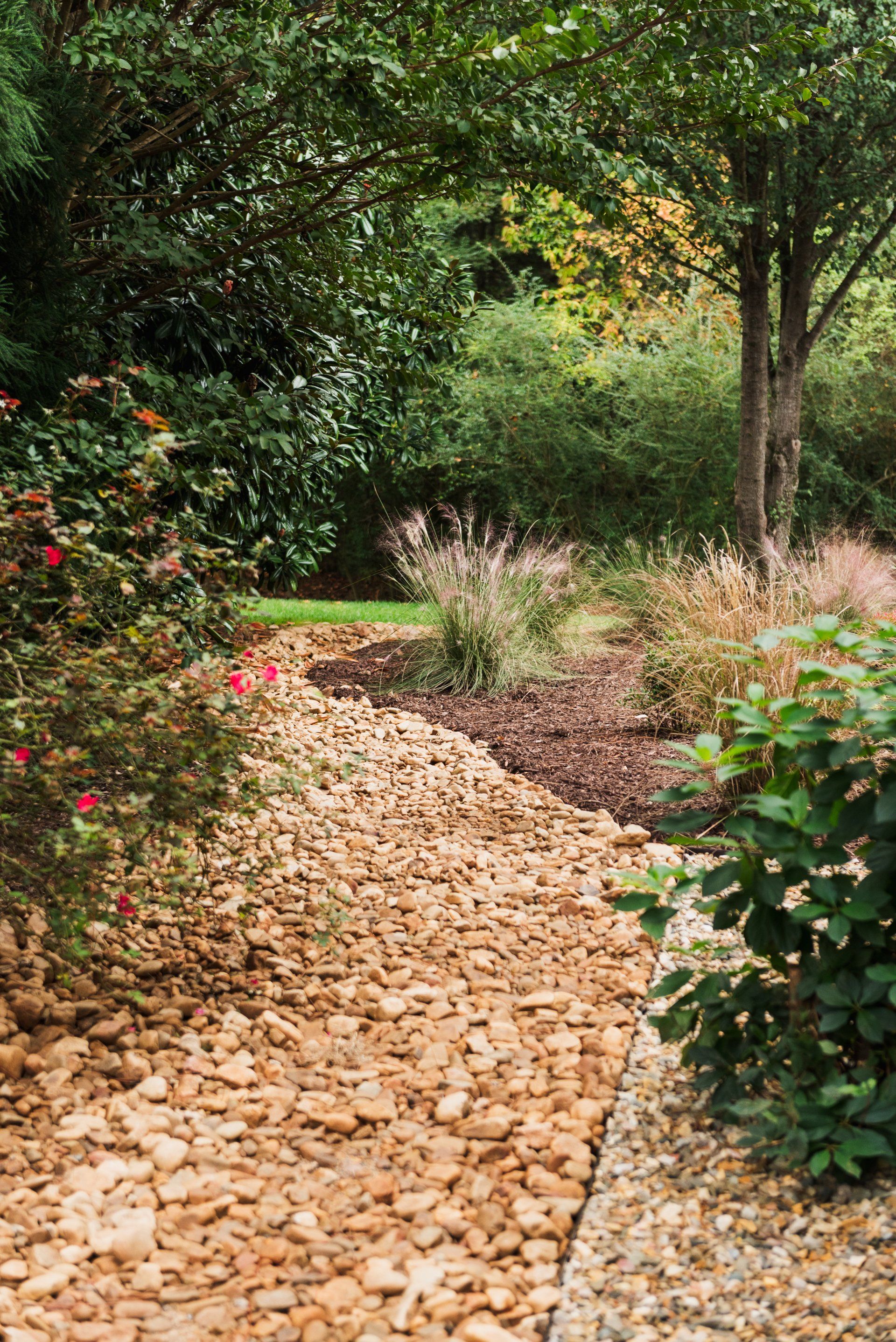 Stone path winding through a lush green garden with trees, shrubs, and flowering plants