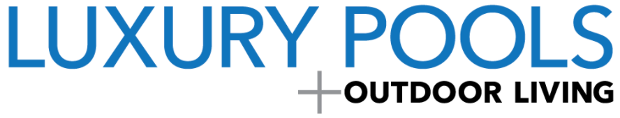 Luxury Pools Outdoor Living logo with blue text and gray plus sign on white background