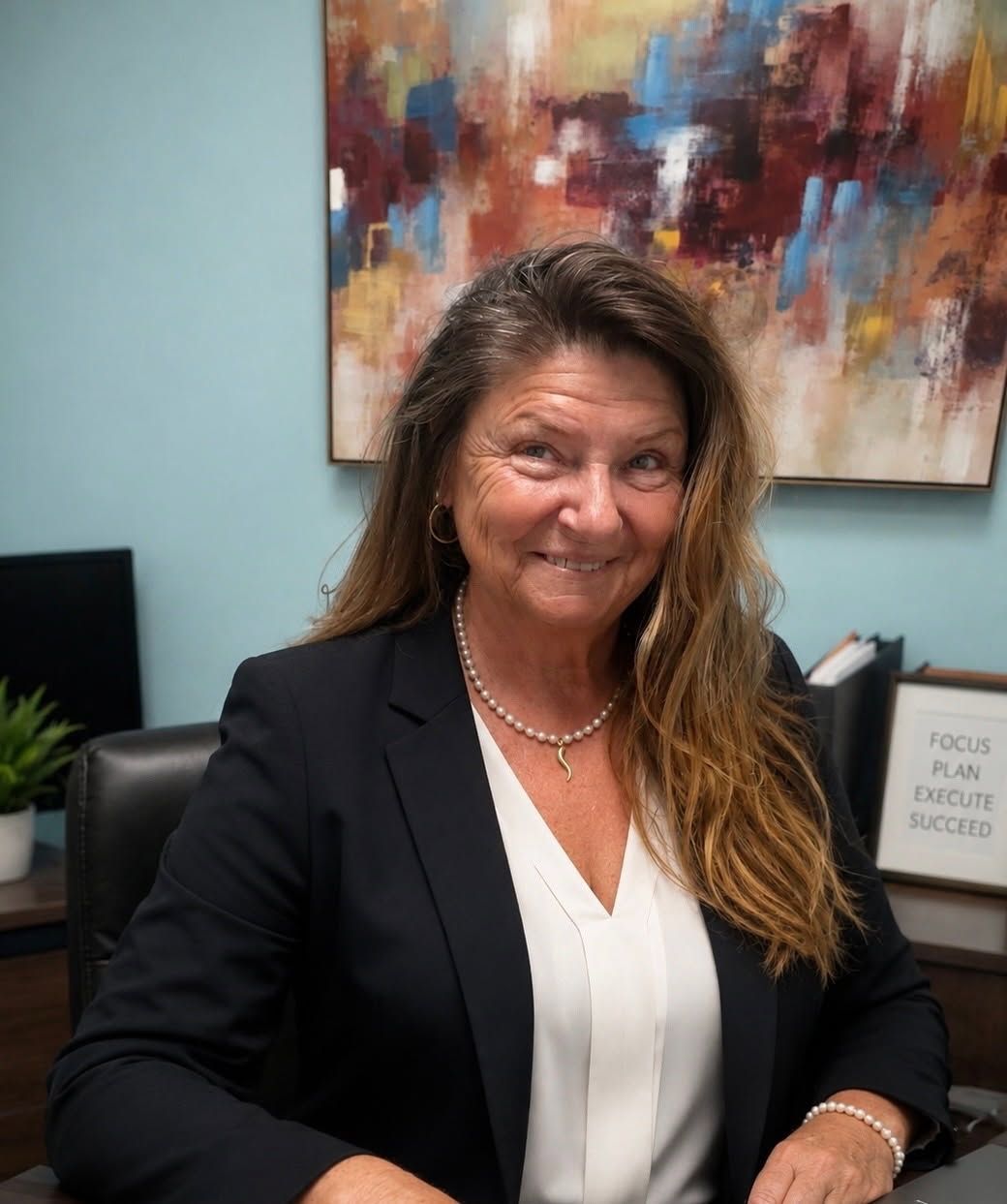 Woman seated at a desk in an office, wearing a black blazer and white blouse, with abstract wall art behind her