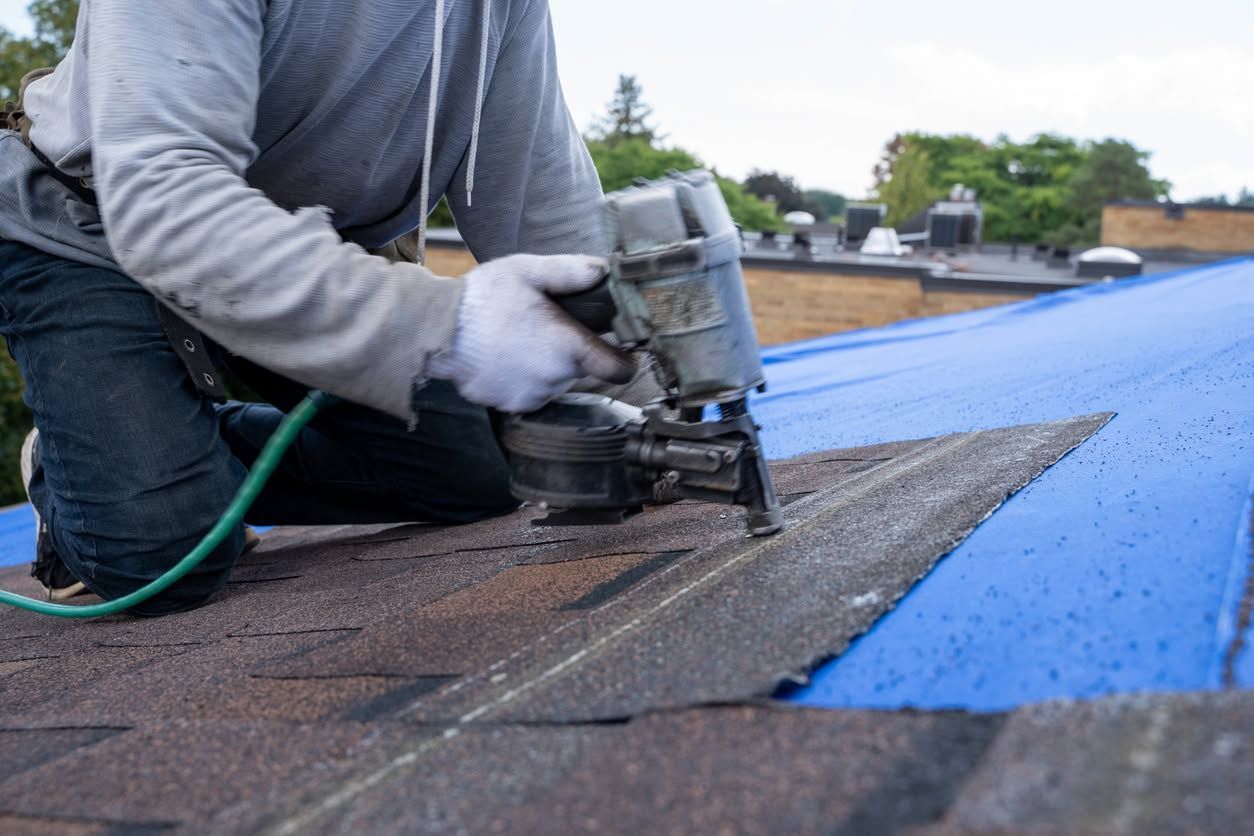 Worker using a roofing nailer to install black shingles beside a blue tarp on a roof