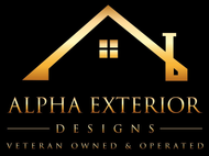 Gold roof-and-window logo for Alpha Exterior Designs with “Veteran Owned & Operated” text on black background