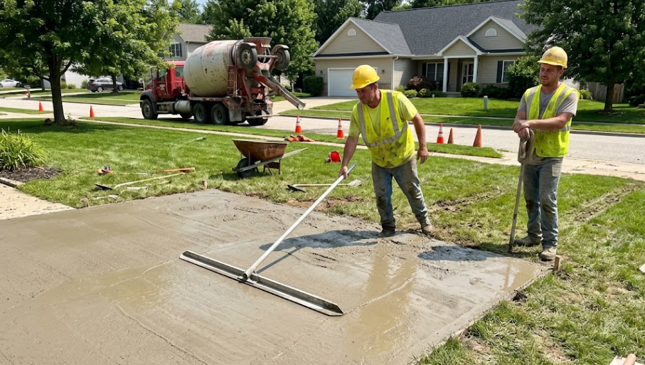 Driveway contractor crew using a bull float to smooth wet concrete during a new installation.