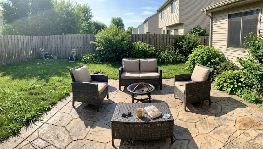 A beautiful stamped concrete patio with warm earth tones, a fire pit, and comfortable outdoor seating in a lush green backyard.