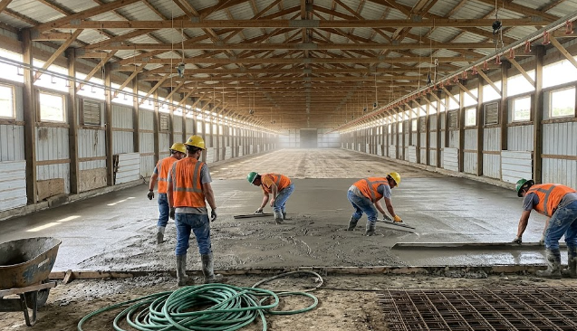 Concrete contractors pouring a massive concrete slab inside a commercial poultry house.