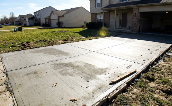A freshly poured, smooth concrete driveway by Pro Concrete Harrisonburg.