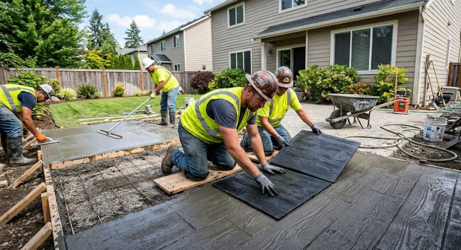 Pro Concrete Harrisonburg team installing a decorative stamped concrete patio.
