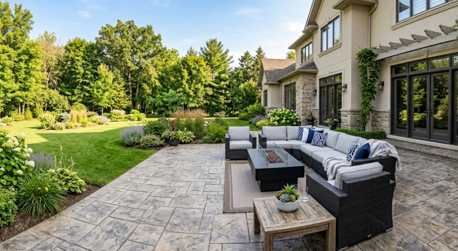A beautiful stamped concrete patio in Harrisonburg designed to look like natural slate stone.