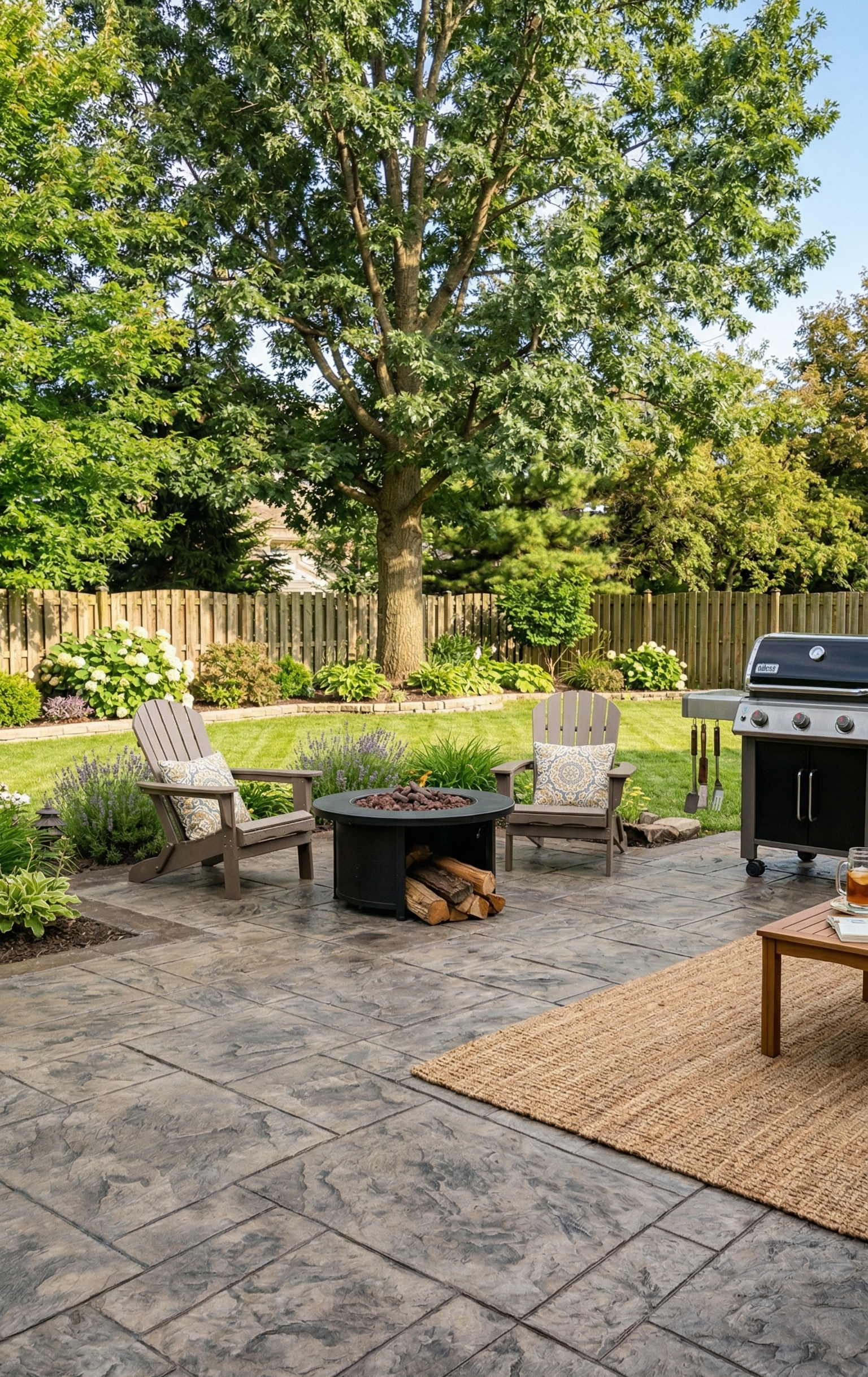 A concrete patio in Harrisonburg with a fire pit, two chairs, and a grill, set in a backyard with green lawn and trees.
