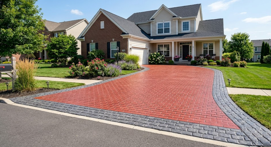 A durable stamped concrete driveway adding incredible curb appeal to a home.