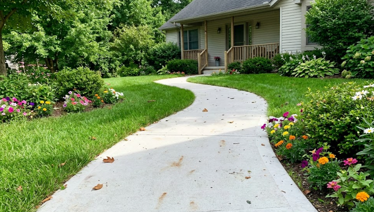 Smooth and safe concrete walkway leading to a front porch.