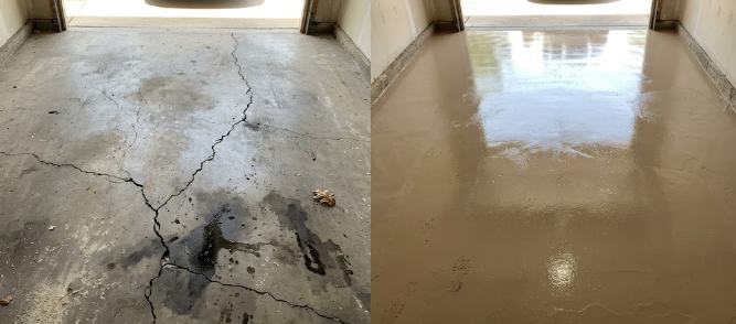 Before and after comparison of a cracked concrete floor transformed by a durable epoxy coating.