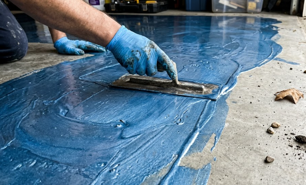 Close up view of professional epoxy flooring installation over bare concrete.