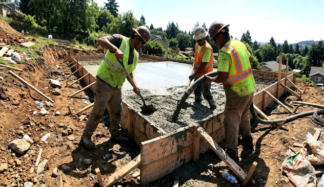 Concrete retaining wall contractor pouring a solid concrete wall for a sloped property.