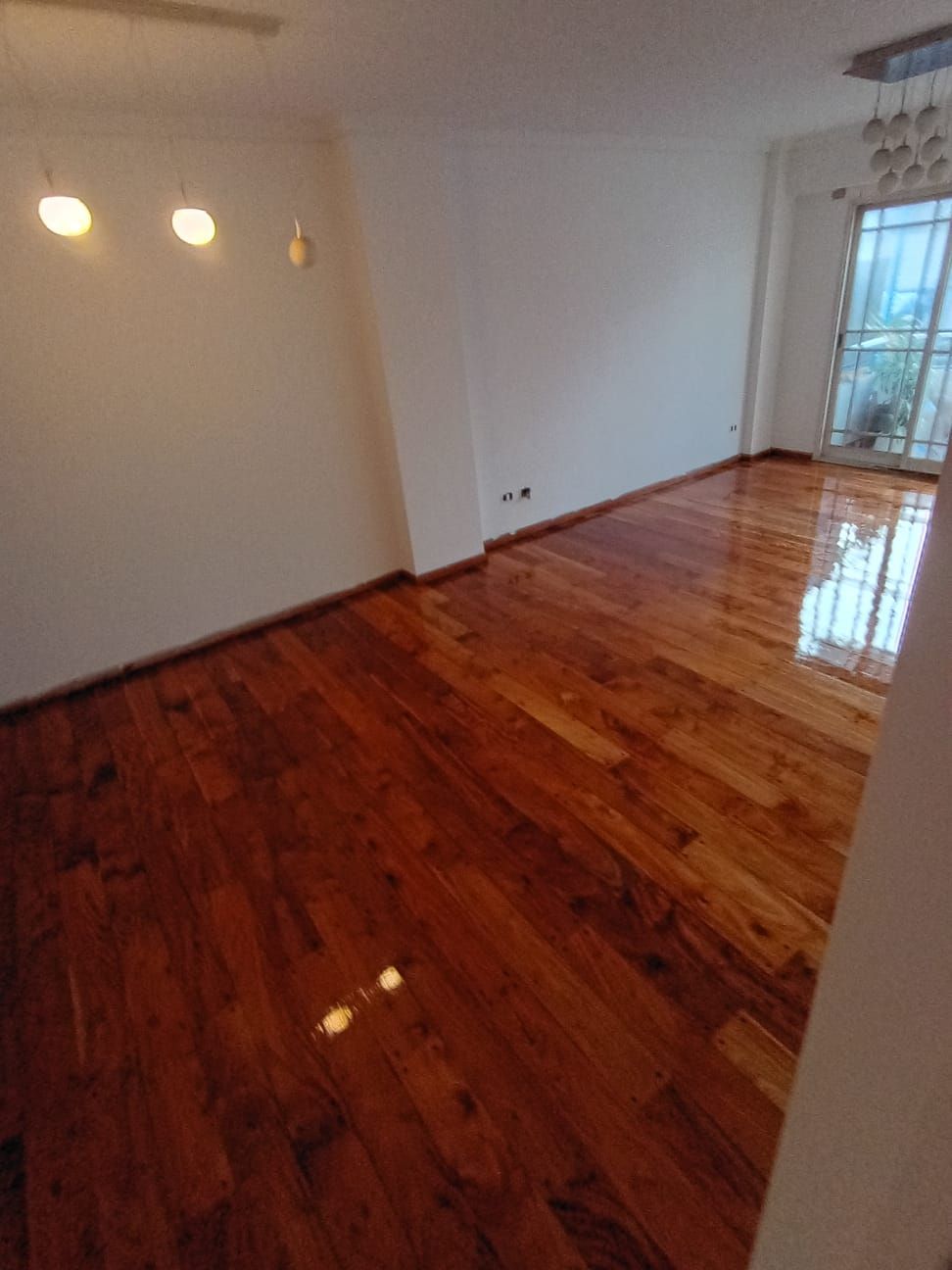 Habitación vacía con suelos de madera noble brillante y una puerta con ventana que deja entrar la luz del día.