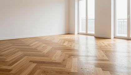 Piso de parquet en espina de pez recién instalado en departamento luminoso