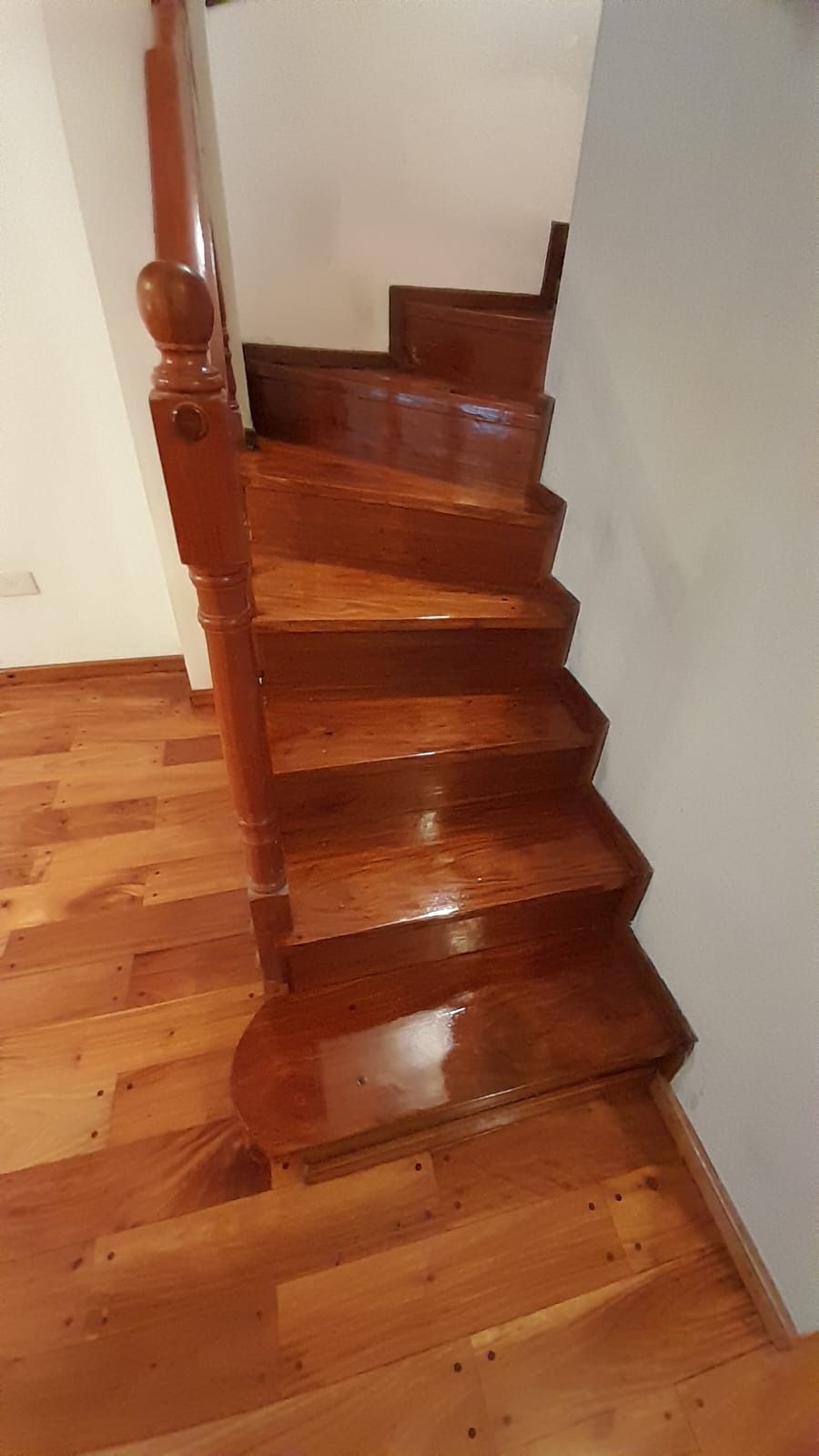 Escalera de madera brillante con barandilla tallada y suelo de madera noble pulida en el pasillo de una casa.