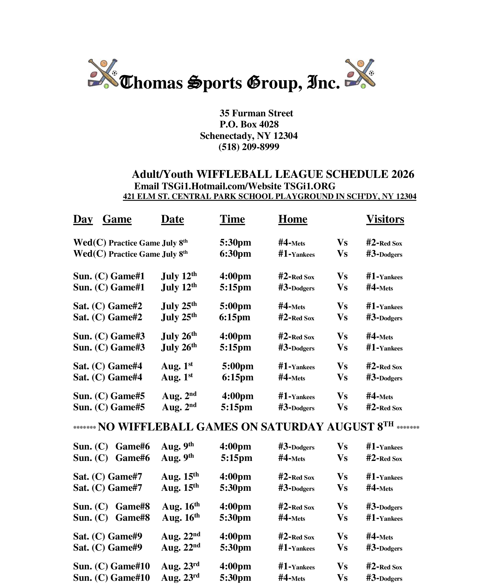 Printed schedule sheet from Thomas Sports Group with dates, times, and matchup listings.