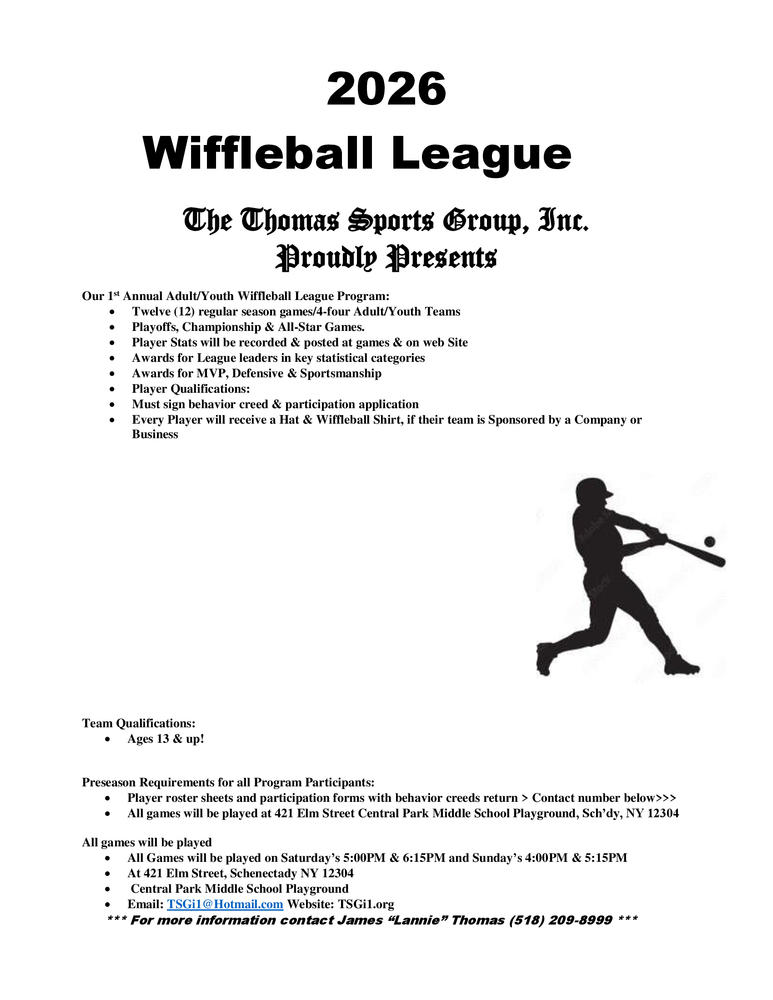 2026 Wiffleball League flyer with black text and a silhouetted batter swinging a bat