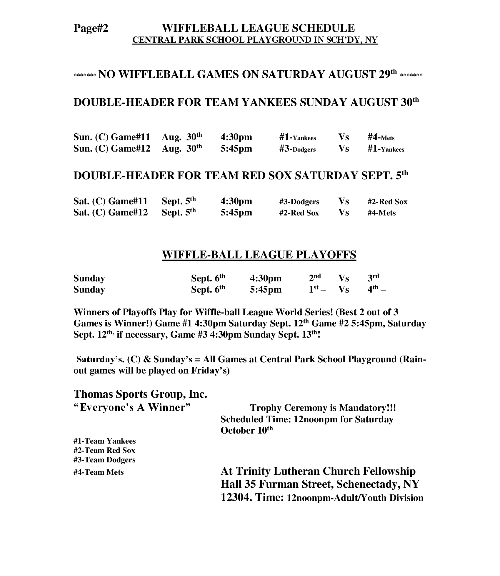 Blurred white schedule page titled “Wifflaflail League Schedule and Playoffs” with small black text.