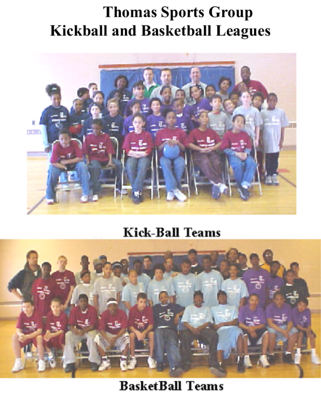 Thomas Sports Group kickball and basketball teams posing in two group photos indoors